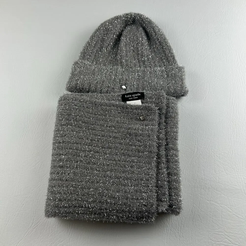Kate Spade New York Women’s Gray Metallic Sparkle Beanie Scarf Set One Size